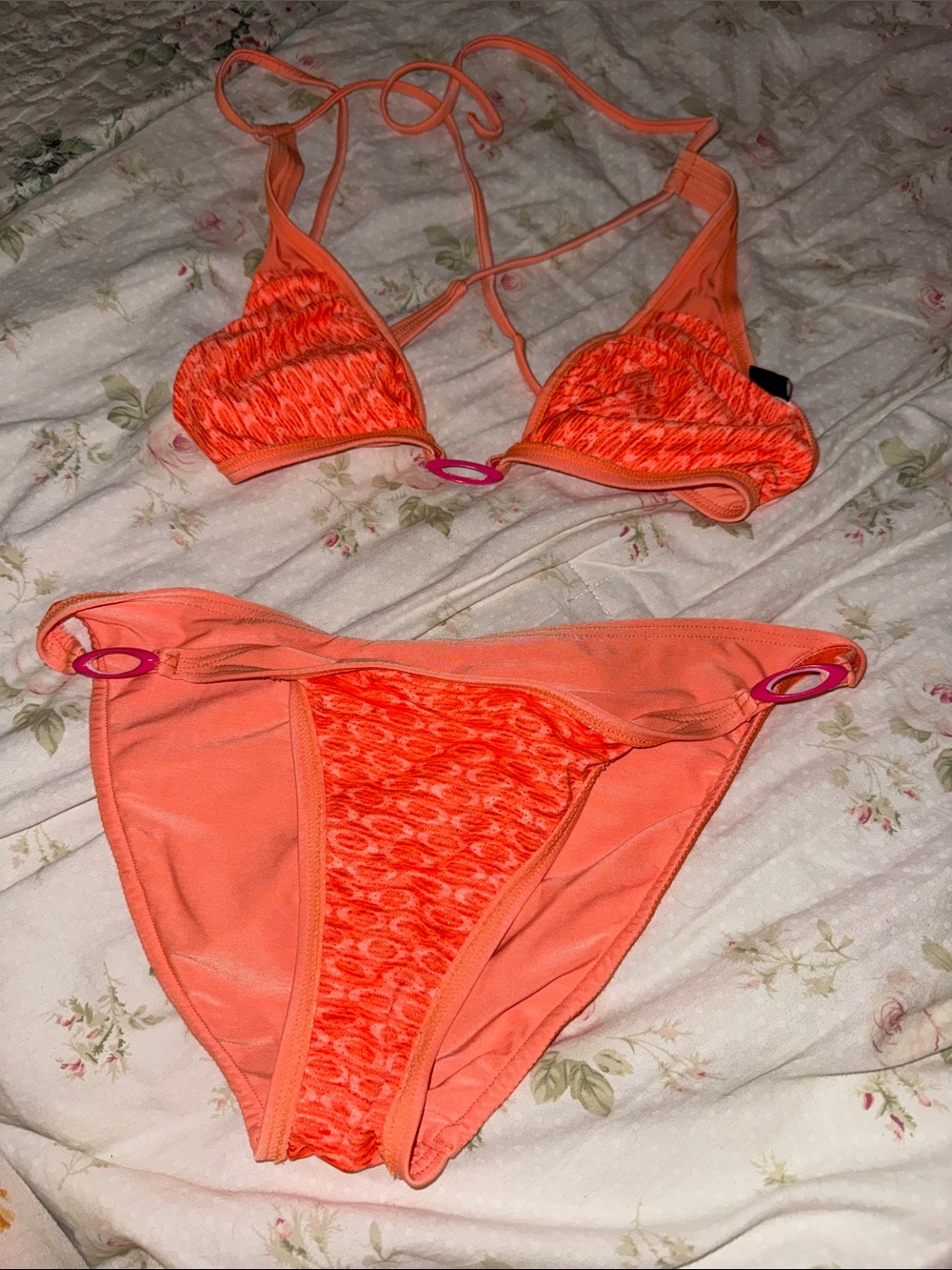 Oakley Neon Orange Patterned Triangle Bikini Top with Ring Detail